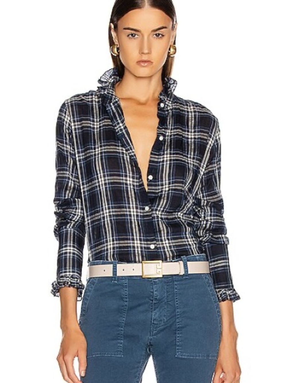 Nili Lotan Vivian Plaid Ruffle Button Down Shirt Navy White M Lightweight